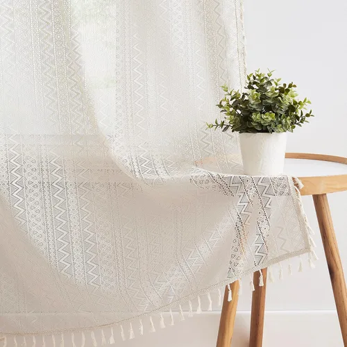 Miniatura 3 de ZJDECOR Cortinas traslúcidas de encaje bohemio de 54 pulgadas de largo, juego de 2 paneles de cortinas con patrón geométrico rústico beige