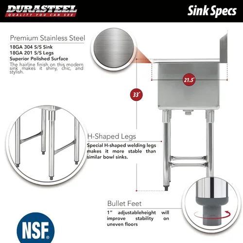 Miniatura 3 de DuraSteel 304 Fregadero Utilitario Comercial de Acero Inoxidable - 18 Pulgadas de Tubo Independiente, Fregadero de Preparación para Cocina con Grifo