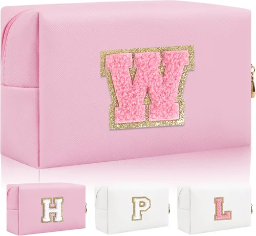 Miniatura 32 de Bolsa de maquillaje con parche de letra inicial personalizada, bolsa de cosméticos de chenilla preppy con letra de chenilla con cremallera, Y