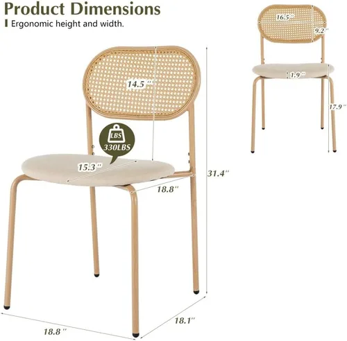 Miniatura 5 de COSVALVE Juego de 4 sillas de comedor boho con respaldo de ratán, asientos tapizados de caña y patas de metal, perfectas para cena, sala de estar