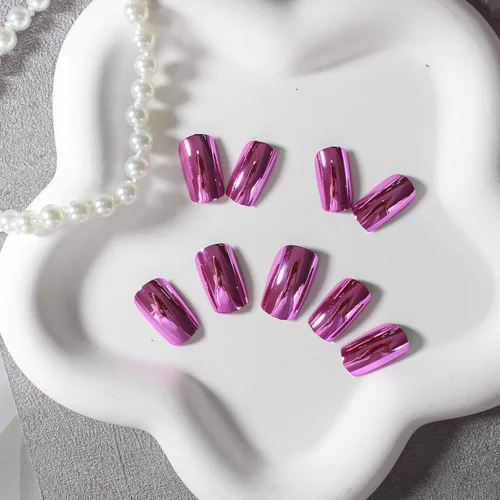 Miniatura 5 de Uñas Postizas Cuadradas de Cromo Púrpura Cortas Medianas para Presionar, KQueenest Uñas Acrílicas Falsas de Plateado Metálico Espejo para Presionar