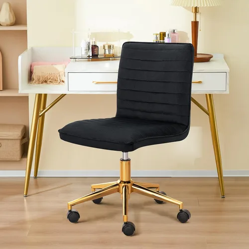 Miniatura 4 de Furnimart Silla de Escritorio Giratoria Negra sin Brazos con Ruedas, Pequeña Silla de Oficina en Casa Tapizada en Terciopelo, Silla Ajustable