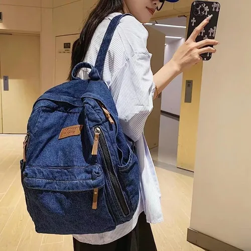 Miniatura 3 de Mochila de mezclilla para mujeres y hombres, mochila vintage estilo grunge, mochila para computadora portátil, mochila retro para viajes y trabajo