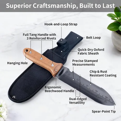 Miniatura 4 de YANG Hori Hori - Cuchillo de jardín, cuchillo de jardinería de acero inoxidable de 7 pulgadas con funda de tela Oxford, mango de madera de haya