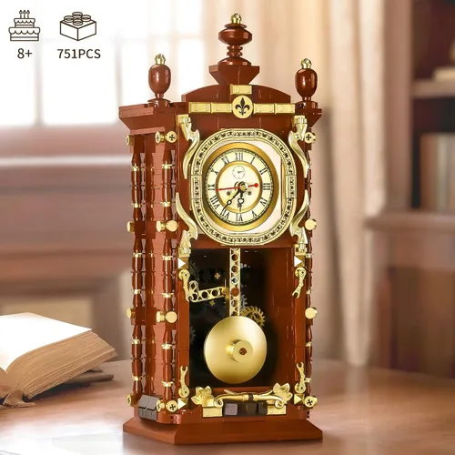 Miniatura 6 de Juego de construcción de reloj retro para adultos, modelo de reloj de péndulo vintage con engranajes giratorios, juguetes de bloques de construcción
