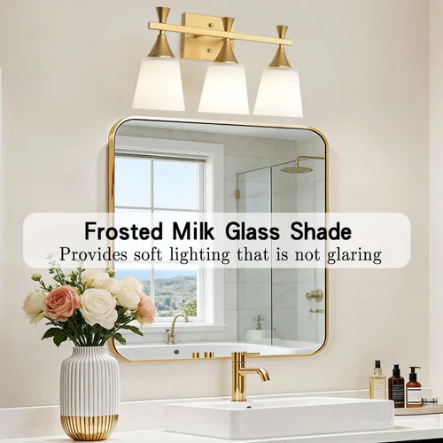 Miniatura 2 de Lámpara moderna de tocador de baño de 3 luces, lámparas de pared de vidrio de leche sobre el espejo, iluminación de tocador de oro cepillado