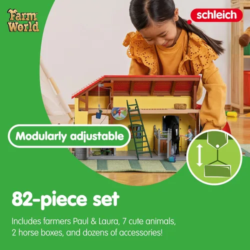 Miniatura 3 de Schleich FARM WORLD - Juego de 82 piezas de establo de caballos con figuras de granjero, caballo y jinete, juegos funcionales de granero y establo