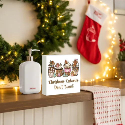 Miniatura 4 de Decoración navideña de cafetería, decoraciones navideñas divertidas retro, lazo rosa, letrero de calorías de pan de jengibre, regalo para mujeres
