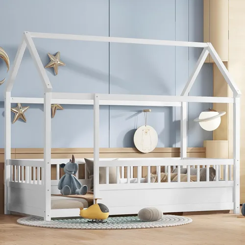 Miniatura 11 de Bellemave Cama individual para niños con marco de techo de casa y valla de seguridad, cama Montessori de madera, cama de perfil bajo para niños