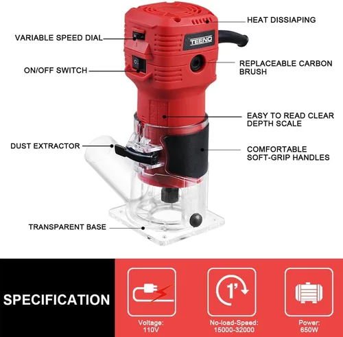 Miniatura 4 de TEENO Herramienta Router, Router de Madera Compacto de 650W 110V para Carpintería, Router Manual de Recorte de 32000 RPM con Juego de Brocas
