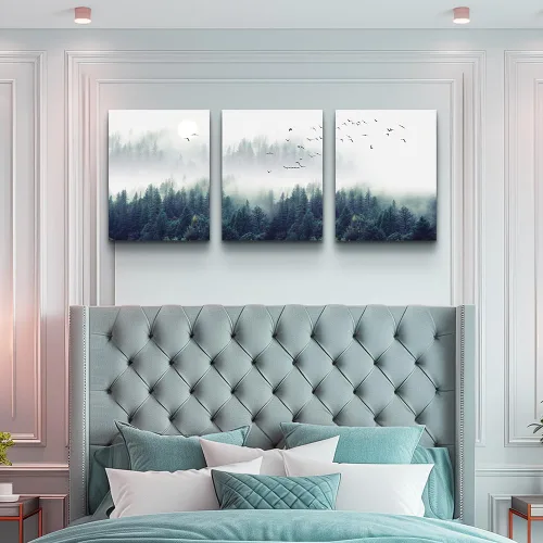 Miniatura 8 de Lienzo decorativo de 3 piezas para decoración de pared de sala de estar, dormitorio, oficina, decoración de pared, árboles de bosque brumoso, El