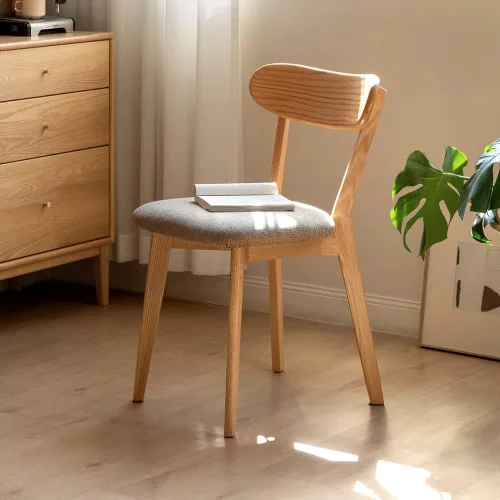 Miniatura 14 de Sillas de comedor de roble macizo 100%, silla de comedor moderna de mediados de siglo con respaldo curvo, sillas de comedor tapizadas en tela