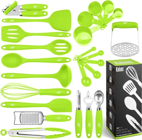 Miniatura 10 de Kaluns Juego de utensilios de cocina de silicona, juego de 24 utensilios de cocina, abrelatas, triturador, espátula, 446 °F, resistente al calor