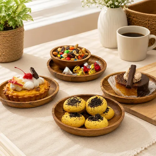 Miniatura 7 de Juego de 4 platos de madera de acacia, redondos de 6 pulgadas, postre de madera maciza de 1 pulgada de grosor, platos laterales y aperitivos