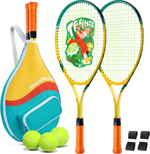 Miniatura 11 de AboveGenius Juego de raquetas de tenis para niños, raqueta de tenis de 21/23/25 pulgadas para niños pequeños, kit de iniciación, 3 bolas, 2 raquetas