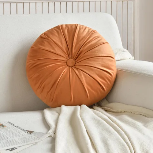 Miniatura 12 de Almohadas plisadas redondas de terciopelo para decoración del hogar, sofá, silla, cama y automóvil, color café oscuro, 13.8 pulgadas