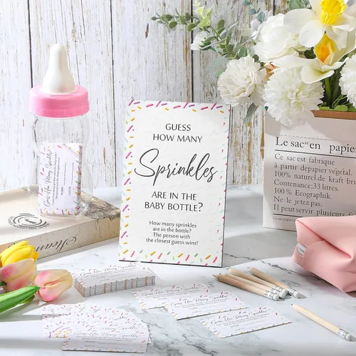 Miniatura 4 de Qilery 122 piezas de juegos de baby shower Adivina cuántos gránulos incluidos, letrero de pie, 100 tarjetas de adivinanza, 20 lápices, 1 biberón Rosa