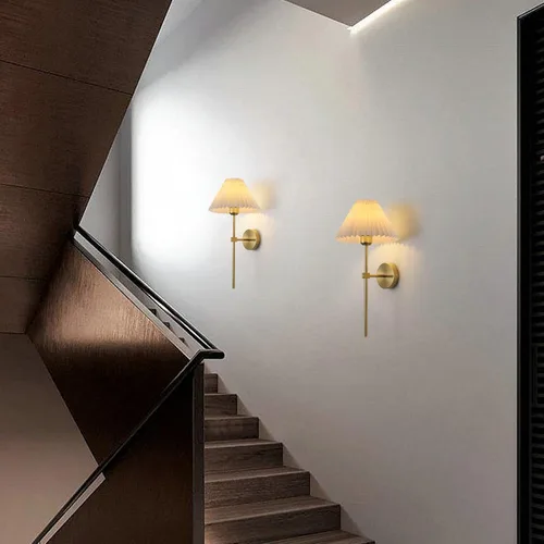 Miniatura 9 de KELUOLY Apliques de Pared Juego de 2 Pantalla de Tela Blanca Lámpara de Pared Dorada Soporte de Ménsula de Columna Iluminación de Pared Baño Tocador