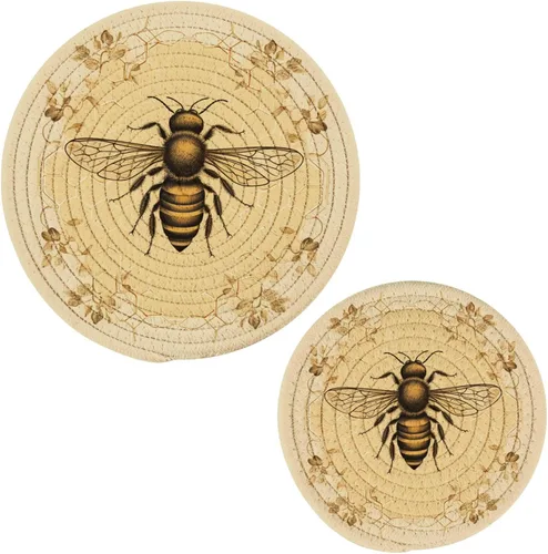 Naanle Old Style Bee Slhouette - Juego de salvamanteles de algodón tejido de panal geométrico, 2 posavasos redondos para cocinar, hornear, platos