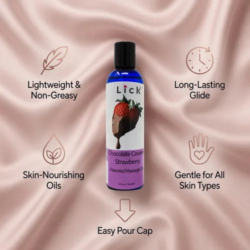 Miniatura 7 de Lick Aceite de masaje de fresas cubiertas de chocolate – Aceite de masaje comestible de postre gourmet con aceite de almendras y vitamina E