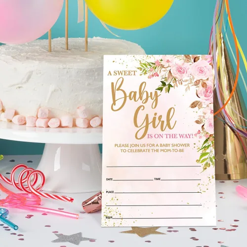 Miniatura 4 de Invitaciones de baby shower para niña floral con sobres, invitaciones para baby showers, fiesta, flores de acuarela rosa rubor, tarjetas