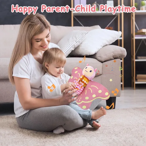 Miniatura 7 de Juguetes para bebés de 0 a 6 meses, animal de peluche sensorial musical infantil con chirriador, sonajero, alas arrugadas, mordedor y anillo