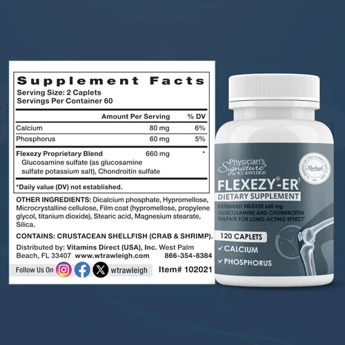 Miniatura 8 de Rawleigh Flexezy-ER: 120 cápsulas Fórmula de apoyo articular 24/7 Mezcla de glucosamina y sulfato de condroitina Calcio y fósforo Liberación