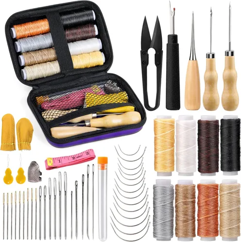 Tikjiua Kit de costura de reparación de tapicería, 8 piezas de hilo encerado, agujas de coser de cuero, punzón de costura, dedal, kit de reparación