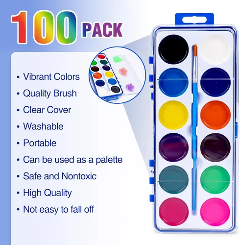 Miniatura 2 de Juego de 100 pinturas de acuarela para niños, 12 colores de acuarelas con pincel, juego de pintura de acuarela para niños para recuerdos de fiesta