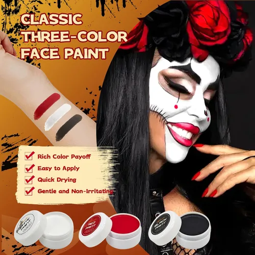 Miniatura 3 de Oiomniv Kit de pintura facial a base de agua, negro, blanco, rojo, con 5 pinceles, 4 esponjas, 2 calcomanías, maquillaje SFX para adultos