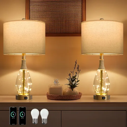 Miniatura 20 de OYEARS Juego de 2 lámparas de mesita de noche con USB, modernas lámparas de noche retro de cristal de ratán para dormitorio, sala de estar