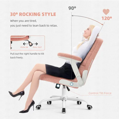 Miniatura 10 de SEATZONE Silla de oficina rosa ergonómica con ruedas, silla de escritorio para computadora de felpa sintética, silla de oficina cómoda para mujeres