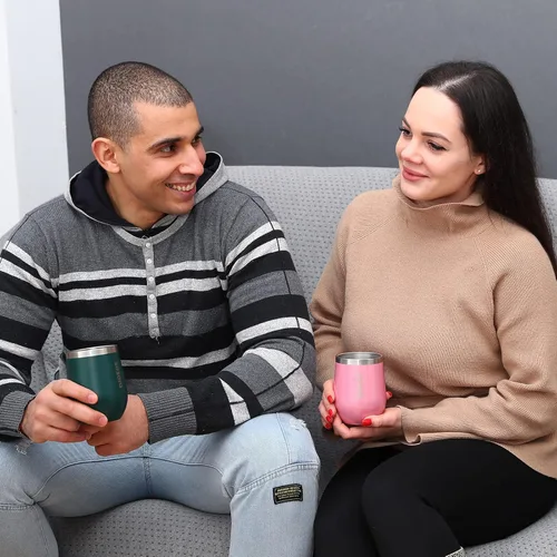 Miniatura 6 de BJPKPK 2 vasos de vino aislados de 12 onzas, tazas de café al vacío de doble pared de 12 onzas con tapa, vasos de vino de acero inoxidable A-verde