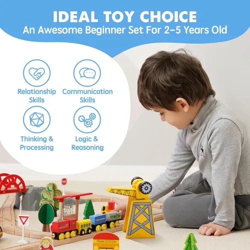 Miniatura 8 de Tiny Land 55 piezas de juego de tren de madera - Compatible con pistas de marcas principales, juguete educativo para niños de 3 a 7 años, duraderos