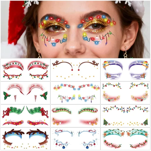 Miniatura 6 de 12 pares de tatuajes temporales de maquillaje navideño para ojos, impermeables, árbol de Navidad, ciervo, delineador de ojos, sombra de ojos, kit