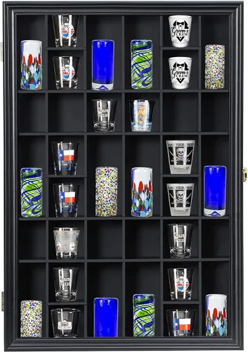 Miniatura 7 de Vitrina para Vasos de Chupito, Gabinete Grande de Madera, Soporte Montado en Pared, Caja de Sombra de Caoba con Cerradura y Protección UV, Puerta