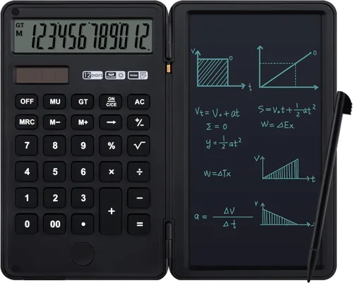 Miniatura 9 de Calculadora básica portátil de escritorio, mini calculadoras pequeñas con bloc de notas de escritura y lápiz capacitivo, más ligera y portátil, Negro