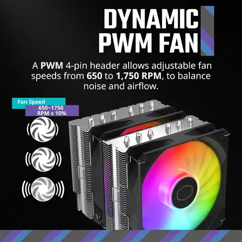 Miniatura 6 de Disipador Master Hyper 620S de Torre Dual para CPU, sincronización ARGB, ventilador PWM de 4.92 pulgadas, 6 tubos disipadores de calor de contacto