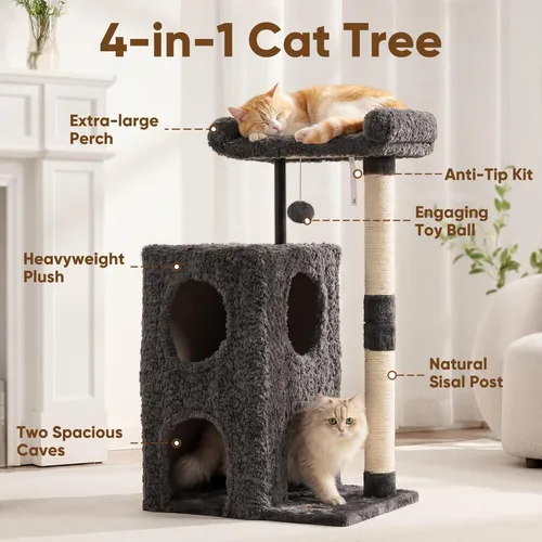 Miniatura 2 de FUKUMARU Árbol para gatos, torre de lujo para gatos de 36.2 pulgadas con dos cuevas, condominio para gatos de varios niveles con poste rascador