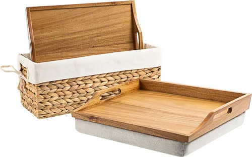 Miniatura 14 de ROSSIE HOME Bandeja de cama de madera de bambú, escritorio de regazo, juego de dos, con cesta de almacenamiento de jacinto, natural, para portátiles