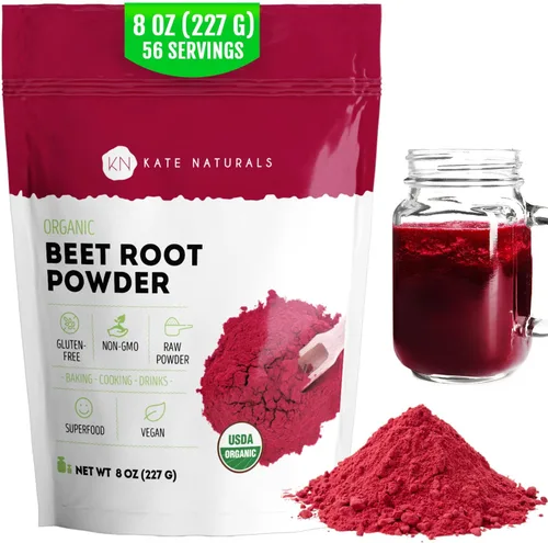 Kate Naturals Polvo de raíz de remolacha orgánica para batidos, hornear y jugo. Superalimento de remolacha cruda y colorante alimentario rojo