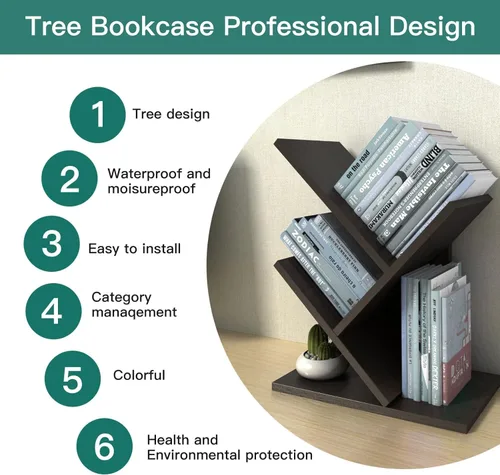Miniatura 9 de Godferyxin Estantería de árbol, estantería pequeña de madera de 3 niveles y mini estantería para oficina, hogar o escuela, estante de escritorio