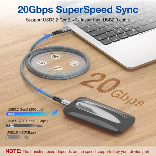 Miniatura 3 de Cable de datos USB C 3.2 Gen2X2 de 20 Gbps de 3.3 pies, USB C a USB C, cable de video 4K, cable de carga rápida PD de 240 W tipo C a C para iPhone