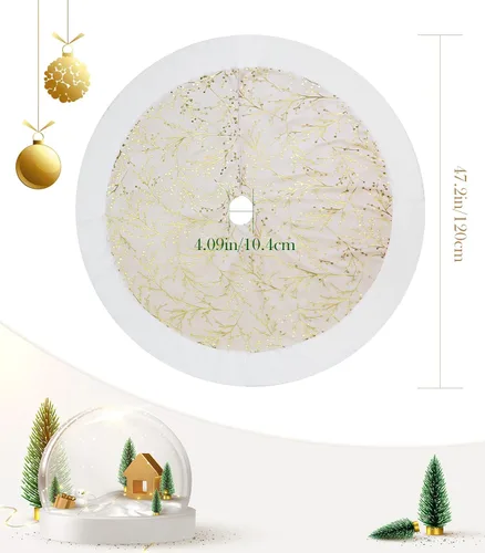 Miniatura 5 de Lewondr Falda de árbol de Navidad de 48 pulgadas, copos de nieve de lentejuelas doradas de felpa blanca para decoración de árbol de Navidad, beige