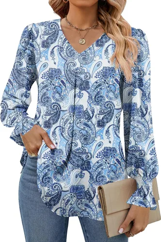 Miniatura 8 de Funlingo Blusas de mujer con mangas largas 2025, elegantes y casuales, con cuello en V, túnica suelta de gasa para el trabajo
