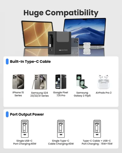 Miniatura 8 de Gitryin Cargador de pared USB C de 40 W con cable retráctil integrado, bloque de carga rápida plegable 2 en 1, artículos esenciales de viaje