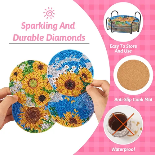 Miniatura 3 de Cheriswelry 8 posavasos de girasol para bricolaje, diseño de flores, diamantes con soporte 5D, kit de alfombrilla de pintura de diamantes