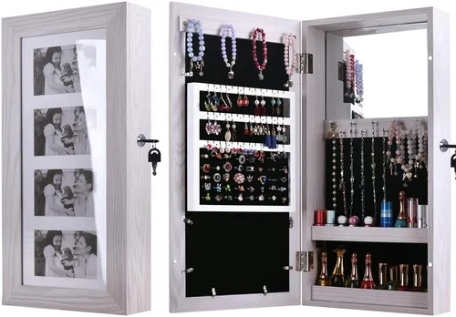Bonnlo Armario de joyería con marco de fotos, 23.62 x 11.81 x 3.55 pulgadas, armario de almacenamiento de llaves, montaje en pared