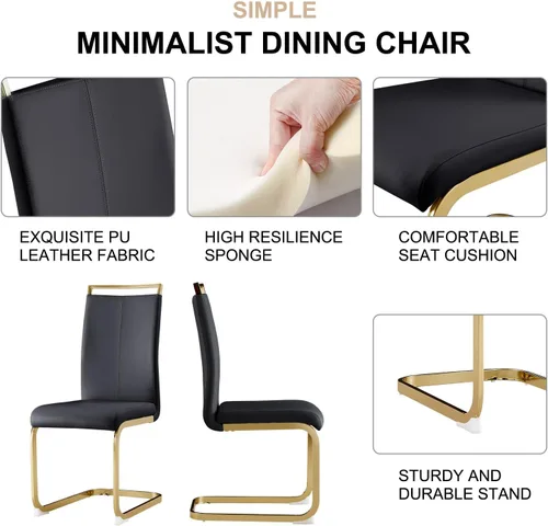 Miniatura 6 de Juego de mesa de comedor de 63 pulgadas para 4, juego de mesa de comedor dorado moderno para 4, juego de mesa de cocina de mármol sintético con negro