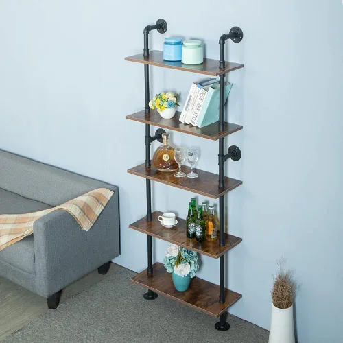 Miniatura 9 de Estantería Industrial de 5 estantes con tubos, estantería moderna y negra, estante de escalera para montaje en pared con marco de metal